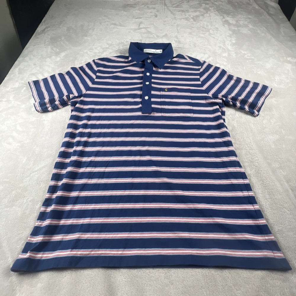 Criquet Polo Shirt Men Medium Navy Blue Red Striped Pima‎ Cotton Stretch Short